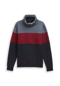 Trui met een funnel neck, voorzien van een gestreept ontwerp in grijs, bordeauxrood en marineblauw. Gemaakt van zachte stof, inclusief contrasterende knopen en een logo patch.