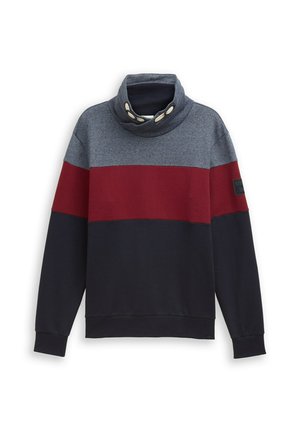 Suéter con cuello de embocadura, que presenta un diseño de rayas en gris, burdeos y azul marino. Fabricado con tejido suave, incluye botones en contraste y parche con el logotipo.