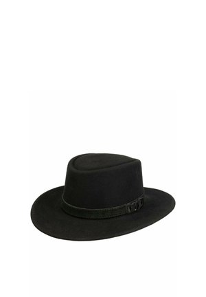 Black felt fedora hat with wide brim and black leather band featuring two small loops on a white background.