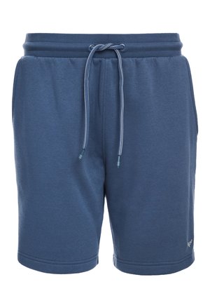 Shorts en coton bleus avec une taille élastique, dotés d'un cordon de serrage, de poches latérales et d'une texture lisse.
