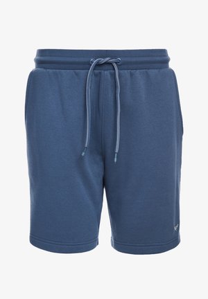 Shorts en coton bleus avec une taille élastique, dotés d'un cordon de serrage, de poches latérales et d'une texture lisse.