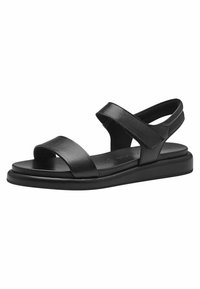 Zwarte leren sandalen met twee brede banden, open teen en een lage, platte zool. Heeft een achterband voor extra ondersteuning. Glad oppervlak en minimalistisch ontwerp.