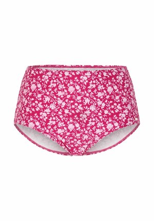 Höga, rosa blommiga underkläder i en bomullsblandning, med ett vitt blommönster, slät yta och elastisk midjeband.