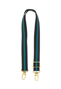 Cinghia intrecciata nera con strisce teal, dotata di accessori e ganci dorati alle due estremità e una fibbia centrale regolabile.