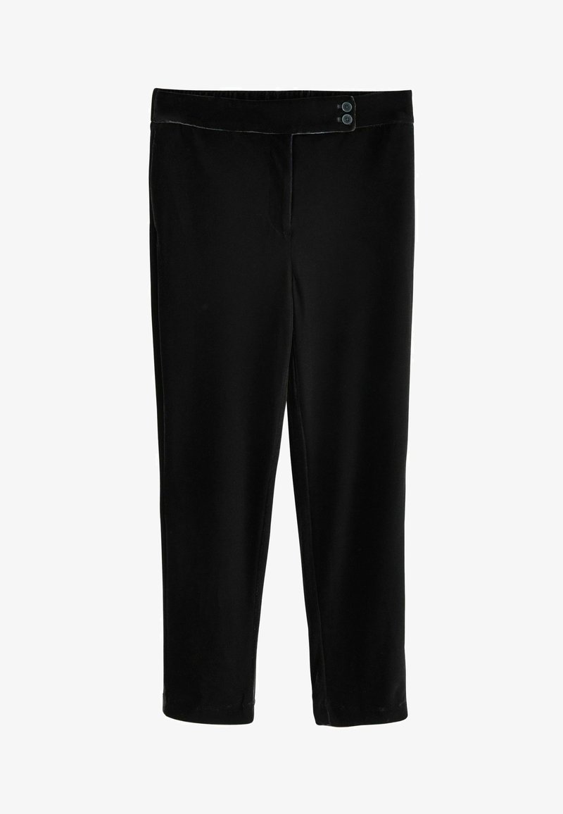 Black velvet pants with a smooth texture, mid-rise waist, and two button accents at the waistband, featuring a fitted silhouette and tapered legs.