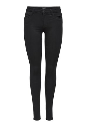 Zwarte skinny jeans van rekbare denim. Bevat voorzakken, een ritsopening en ceintuurlussen. Glad materiaal zonder zichtbare patronen.