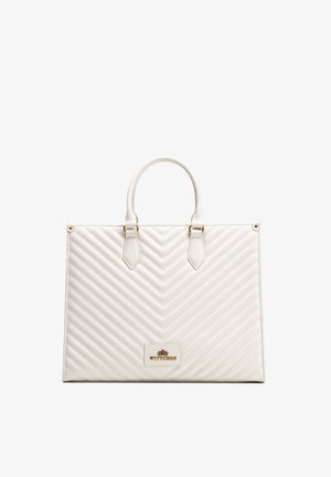 Bolso blanco rectangular acolchado con doble asa y placa del logo dorado de Wittchen en el centro delantero.