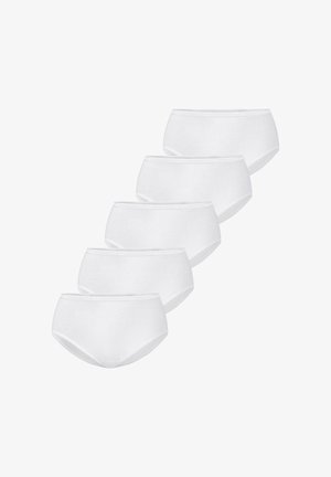 Fem hvide bomuldstrusser i brief-stil arrangeret diagonalt på en hvid baggrund, der viser fuld frontdækning.