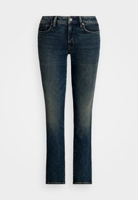 Donkerblauwe denim jeans met een rechte pijpdesign, vijf zakken en lichte vervaging aan de voorkant. Zilveren knoop en ritssluiting.