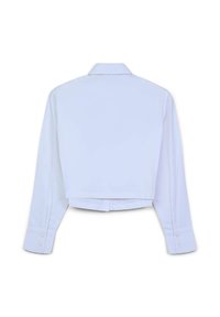 Camicia bianca cropped con maniche lunghe, polsini con bottone e colletto. Tessuto liscio con dettagli di cucitura minimi, progettata per un aspetto slanciato.