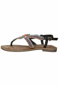 Zwarte sandaal met beaded bloemdecoratie, voorzien van veelkleurige kralen, platte zool en enkelband met gespdetail.