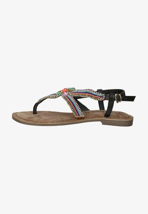 Black sandal with beaded floral decoration, features multicolored beads, flat sole, and ankle strap with buckle detail.
