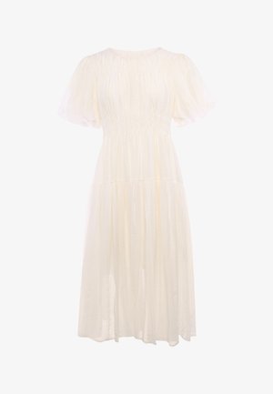Vestito midi bianco con maniche corte a sbuffo, vita raccolta e gonna fluente in tessuto leggero.