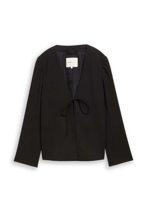 Veste noire à manches longues avec devant ouvert noué par un fin nœud, ourlet droit, et doublure intérieure visible avec étiquette de marque au niveau de l'encolure.