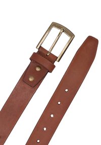 Brown leather belt with brass buckle, two rivets near buckle, and multiple adjustment holes on the strap.
