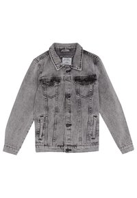 Szara kurtka dżinsowa dla dzieci, z zapięciem na guziki, dwoma kieszeniami na piersi i dwiema bocznymi kieszeniami. Klasyczny design z widocznym przeszyciem.