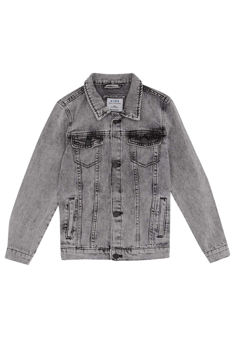 Szara kurtka dżinsowa dla dzieci, z zapięciem na guziki, dwoma kieszeniami na piersi i dwiema bocznymi kieszeniami. Klasyczny design z widocznym przeszyciem.