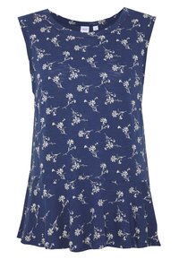 Navy sleeveless top with a flared hem, featuring white floral print. Made from soft, textured fabric with a round neckline.