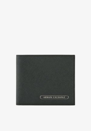 Zwarte leren portemonnee met een gestructureerde textuur en een gladde afwerking, voorzien van een gegraveerd logo. Heeft een bifold ontwerp voor gemakkelijke toegang en opslag.