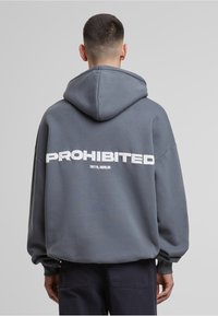 Grijze hoodie met een grote witte opdruk "PROHIBITED" op de achterkant, voorzien van een trekkoordkap en een losse pasvorm. Gladde stof textuur.