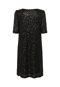 Vestido negro con mangas cortas, un corte holgado y una textura adornada con numerosos lentejuelas reflectantes.