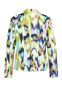 Colorful blazer featuring an abstract pattern in greens, blues, and pinks, with a smooth texture and button accents on the sleeves.