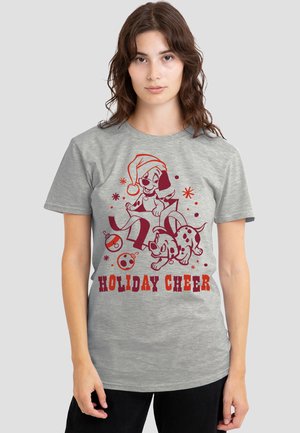Gray cotton t-shirt featuring a holiday-themed graphic with cartoon dogs, ornaments, and "HOLIDAY CHEER" text in red.