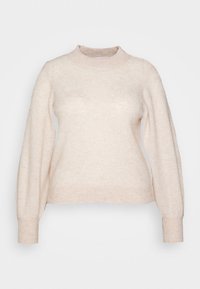 Pull rose clair à col montant, manches longues bouffantes et poignets côtelés. Tissu doux et texturé avec une coupe décontractée.