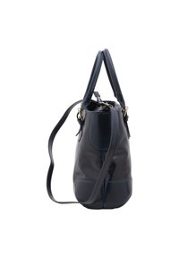 Marine leren handtas met twee bovenhandvatten en een lange verstelbare schouderband. Gladde textuur, afgeronde vorm, met gouden hardware-accenten.