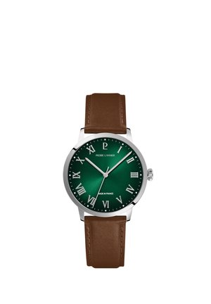 Silberne runde Uhr mit grünem Zifferblatt, römischen Zahlen, weißen Zeigern und braunem Lederarmband, zeigt die Zeit 10:08:36.
