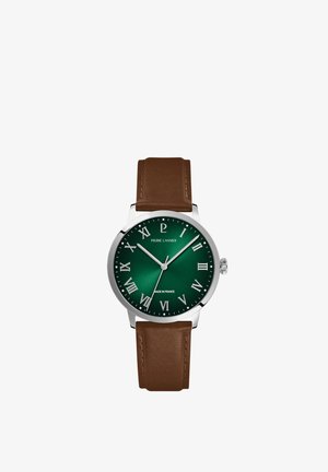 Reloj redondo plateado con esfera verde, números romanos, manecillas blancas y correa de cuero marrón, mostrando la hora 10:08:36.