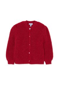 Cardigan rouge tricoté avec un motif texturé, col rond et manches longues. Il comporte cinq boutons le long de la fermeture à l'avant.