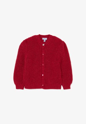 Cardigan rosso lavorato a maglia con un motivo testurizzato, colletto rotondo e maniche lunghe. Presenta cinque bottoni lungo la chiusura frontale.