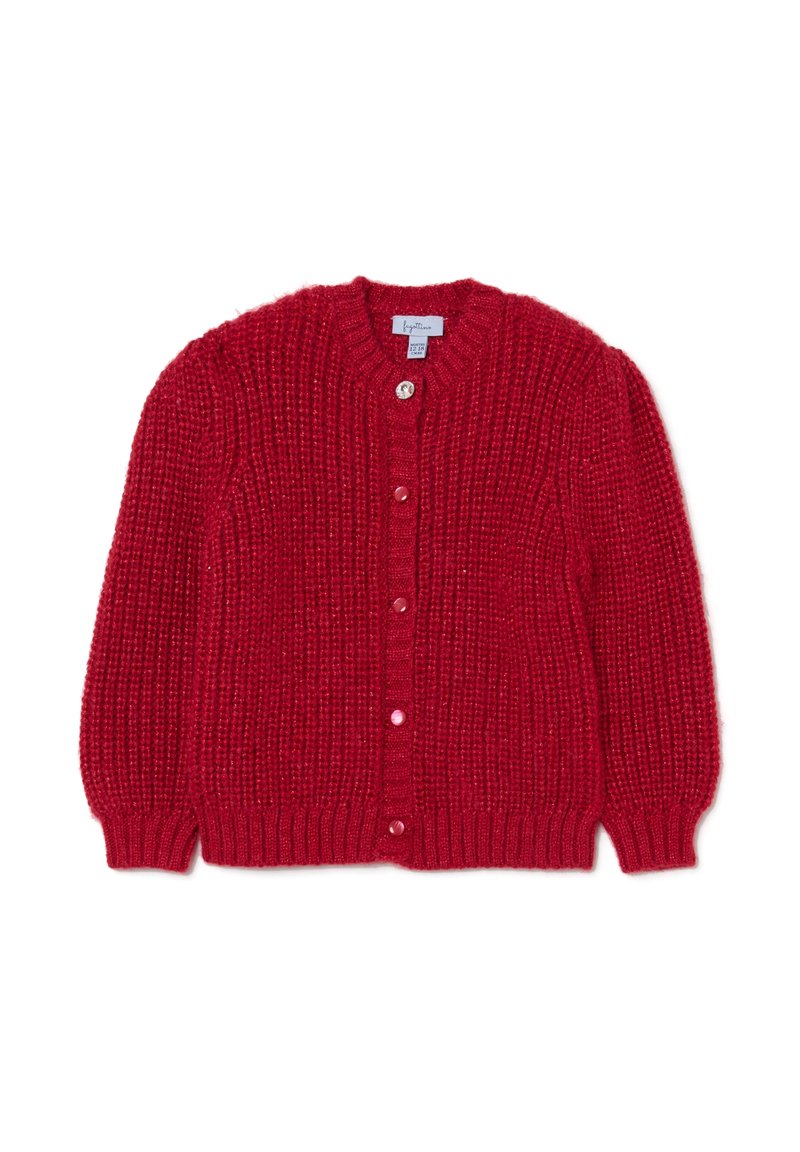 Cardigan rouge tricoté avec un motif texturé, col rond et manches longues. Il comporte cinq boutons le long de la fermeture à l'avant.