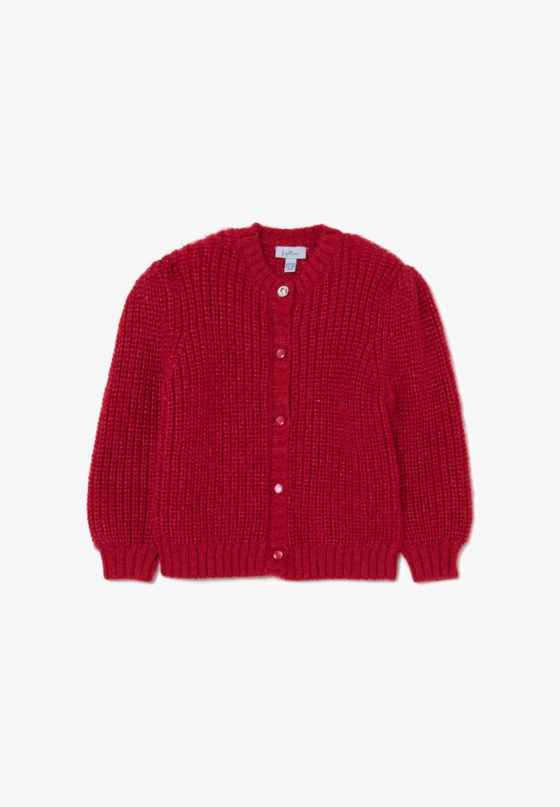 Cardigan rosso lavorato a maglia con un motivo testurizzato, colletto rotondo e maniche lunghe. Presenta cinque bottoni lungo la chiusura frontale.