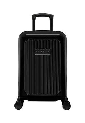 Black hard-shell suitcase with diagonal ribbed texture, retractable handle, and four wheels for easy mobility. Brand logo displayed prominently.