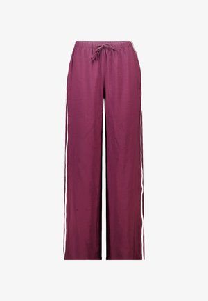 Burgundy wide-leg pants with a drawstring waist and white side stripes. Made of soft material, featuring a relaxed fit and smooth texture.