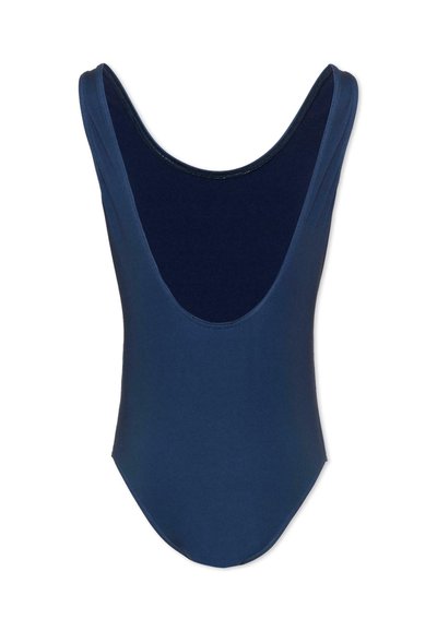 Maillot de bain une pièce bleu marine avec un dos échancré profond et des bretelles épaisses, fabriqué en tissu extensible et lisse.