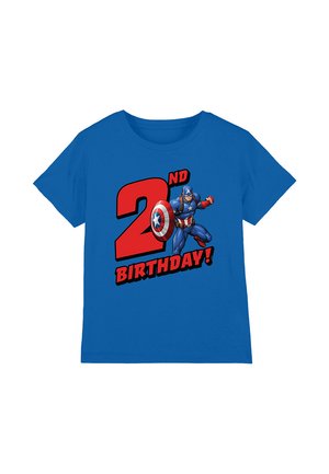 Blue cotton t-shirt featuring a graphic of a character with a shield beside the text "2nd BIRTHDAY!" in bold red letters.