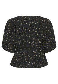 Blusa nera con maniche a palloncino, caratterizzata da un tessuto strutturato e piccoli motivi floreali gialli e grigi. Vita arricciata con design peplo.