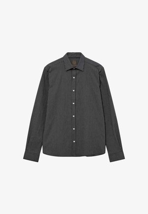 Black long-sleeve button-up shirt with narrow vertical white stripes and a pointed collar, laid flat on a white background.