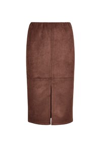 Jupe crayon en daim marron avec une fente à l'avant, longueur genoux, et détails de couture visibles divisant la jupe horizontalement et verticalement.