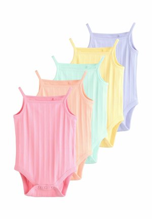 Päť rebrovaných bezrukávových detských body v pastelových farbách: ružovej, broskyňovej, mäty, žltej a levanduľovej, usporiadaných prekrytých na bielom pozadí.