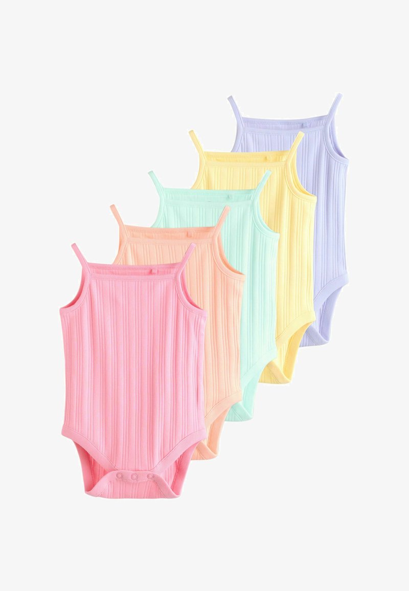 Cinque body per neonati senza maniche con costine in colori pastello: rosa, pesca, menta, giallo e lavanda, disposti sovrapposti su sfondo bianco.