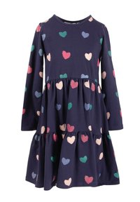Laivastonsininen pitkähiha dressi, jossa on kerroksellinen muotoilu monivärisillä sydänkuvioilla. Valmistettu pehmeästä kankaasta, jossa on mukava istuvuus.