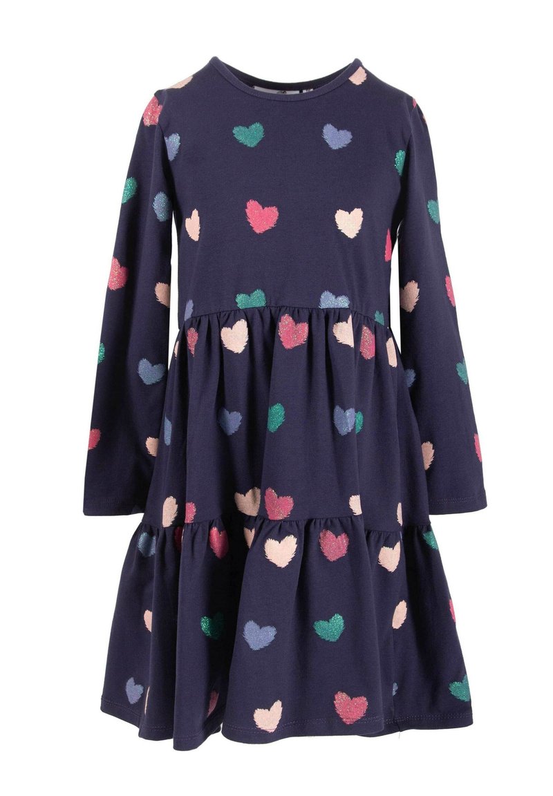Laivastonsininen pitkähiha dressi, jossa on kerroksellinen muotoilu monivärisillä sydänkuvioilla. Valmistettu pehmeästä kankaasta, jossa on mukava istuvuus.