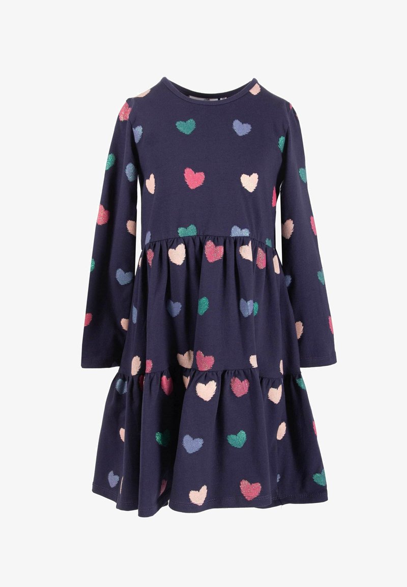 Marinblå långärmad klänning med ett flerlagersdesign och flerfärgade hjärtan. Tillverkad av mjukt tyg med en bekväm passform.