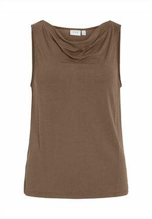 Hnedý top bez rukávov s plisovaným výstrihom, vyrobený z hladkej látky, označený značkou VILA, zobrazený na bielom pozadí.