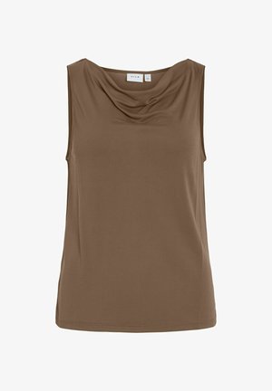 Ärmelloses braunes Oberteil mit drapiertem Ausschnitt aus glattem Stoff, Marke VILA, vor weißem Hintergrund gezeigt.
