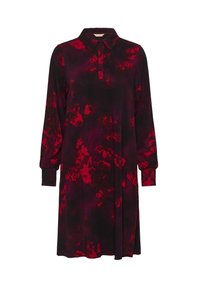 Czarna sukienka z czerwonym abstrakcyjnym wzorem, kołnierzykowym dekoltem, długimi rękawami z elastycznymi mankietami oraz luźnym krojem sięgającym do połowy uda.